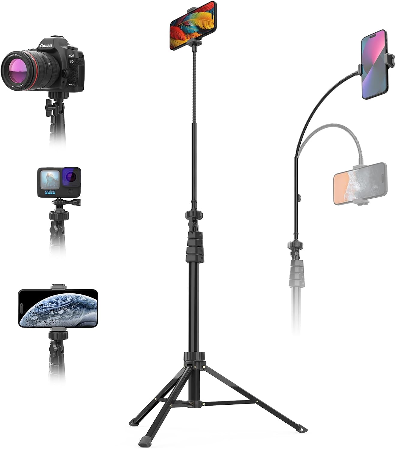 スマートフォン用三脚 221cm フレキシブルアーム付き カメラリモコン内蔵 持ち運び容易 安定性重視