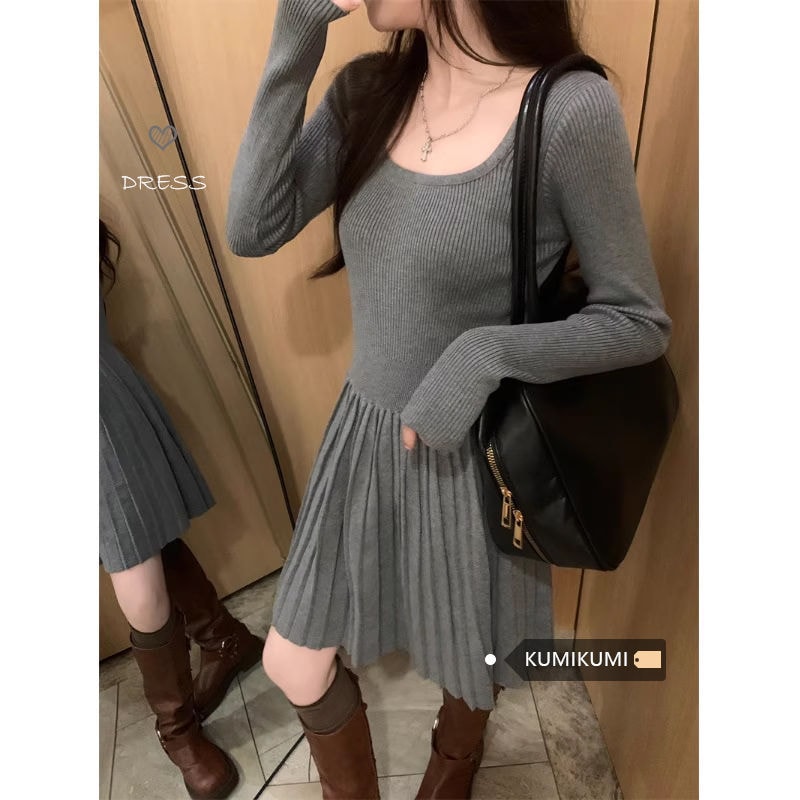 【1つ買うと10つ無料】灰色のニットドレス女性秋と冬のスリムプリーツスカートスカート付き ライン気質スカート