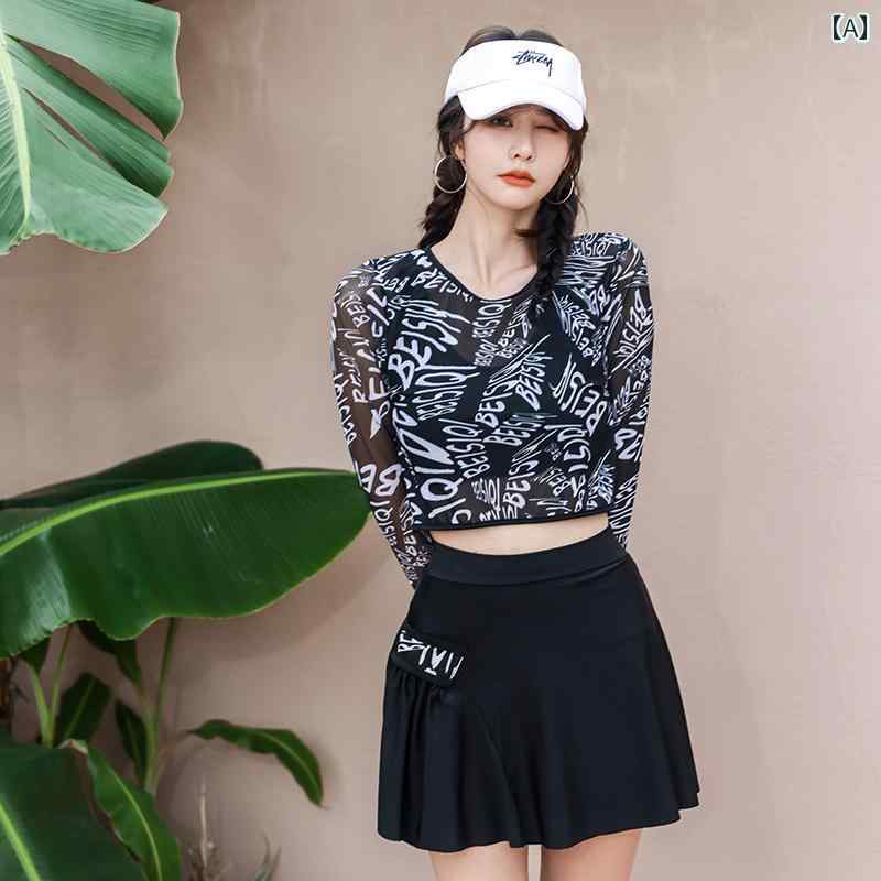 レディース 水着 ビキニ スリーピース ビキニ＋長袖トップス ハイウエストフレアスカート レディース３点セット 日焼け防止 カップル ペアルック メンズ ビーチパンツ ホワイト英文字プリント ブラック