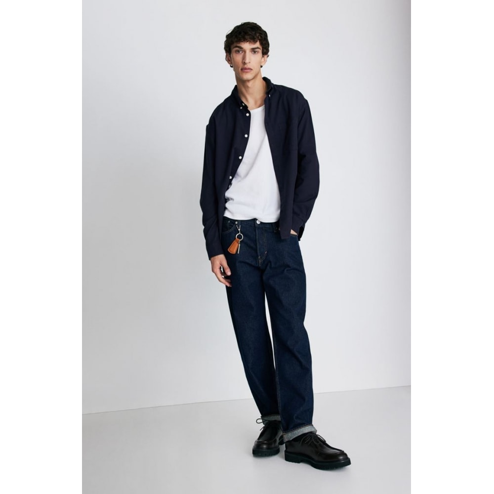 H&M テクスチャードシャツレギュラーフィットネイビーブルー