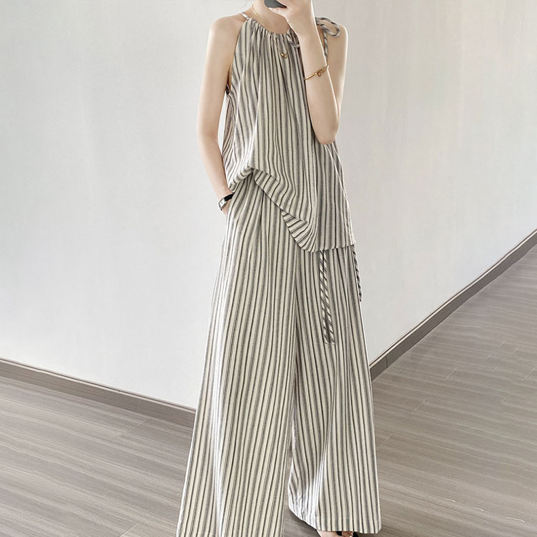 2A32 コットン100%セットアップ レディース トップス ワイドパンツ 2点セット 上下セット ストライプ カジュアル レトロ 春 夏 ノースリーブ ゆったり シンプル 韓国ファッシ 6,391円