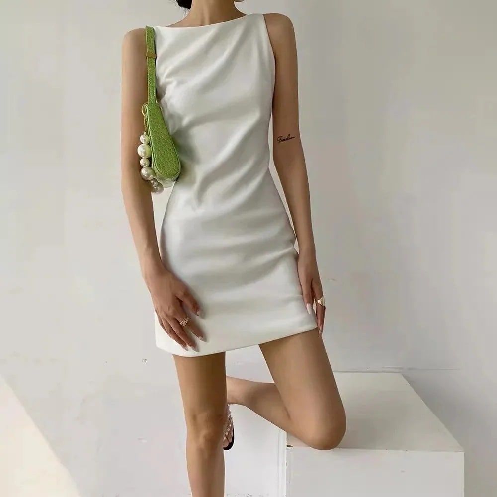 ホワイトショット丈ドレス シンプル 体型カバーワンピーススリム見え気質高級感　シフォンノースリーブ/パーティードレス/二次会ワンピース/フォーマルワンピース/成人式/卒業式/披露宴/同窓会