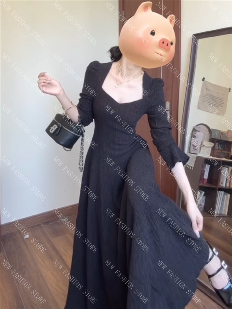 オーバーサイズワンピース秋冬スクエアネックロングスカート-82