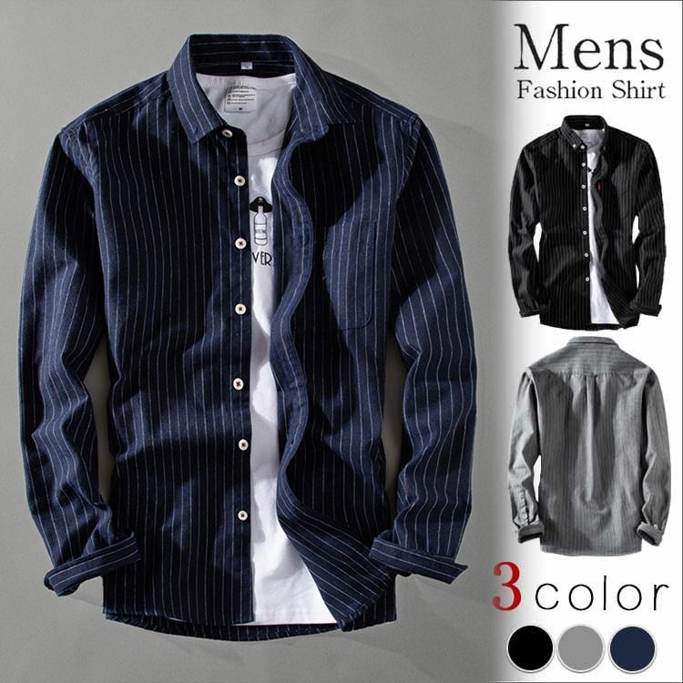激安！ストライプシャツ カジュアルシャツ メンズ 長袖シャツ 通勤 通学 メンズシャツ ビジネスシャツ 開襟シャツ 春 秋 冬 きれいめ おしゃれ トップス