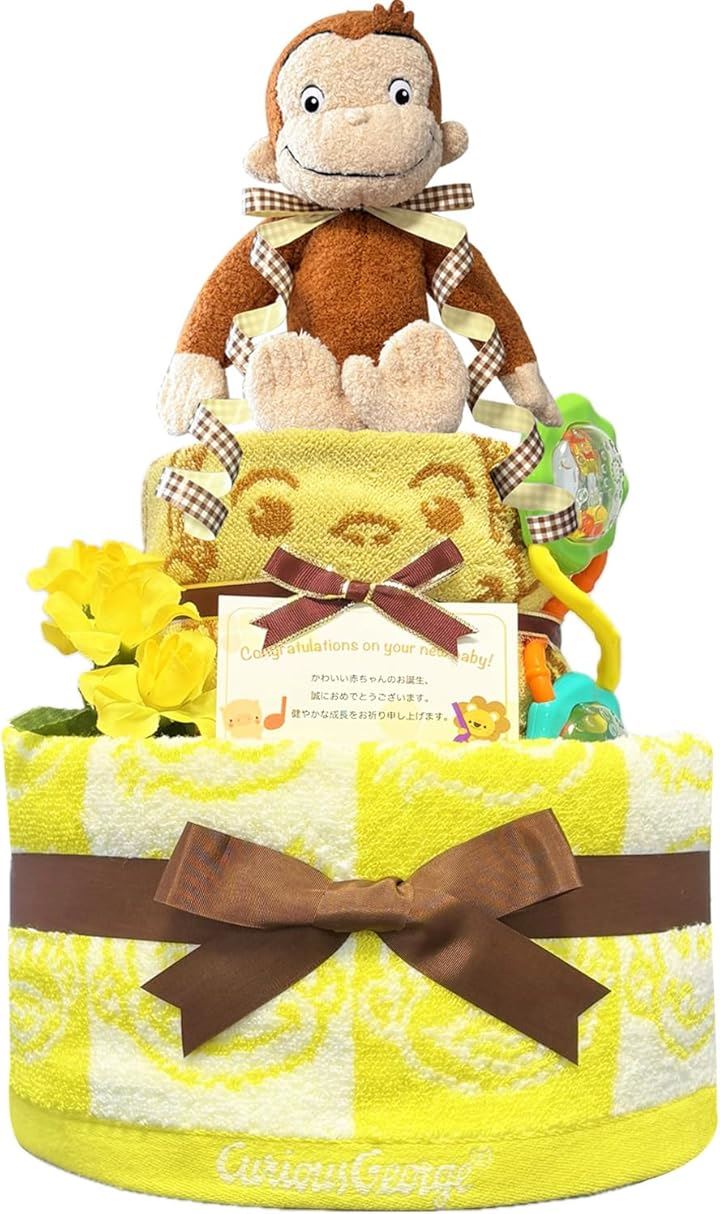 おむつケーキ 男の子 女の子 出産祝い 赤ちゃん 誕生日 ベビーシャワー ギフト(イエロー, 2段 Sサイズ)