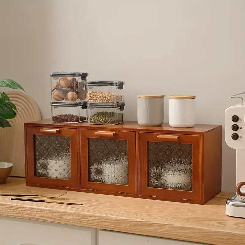 キャビネット ヴィンテージ 無垢材 ディスプレイ レトロ調 ガラス収納 木製 シンプル オーガナイザー 引き出し付き チェスト キッチン リビング 食器棚 収納 人気 4-7