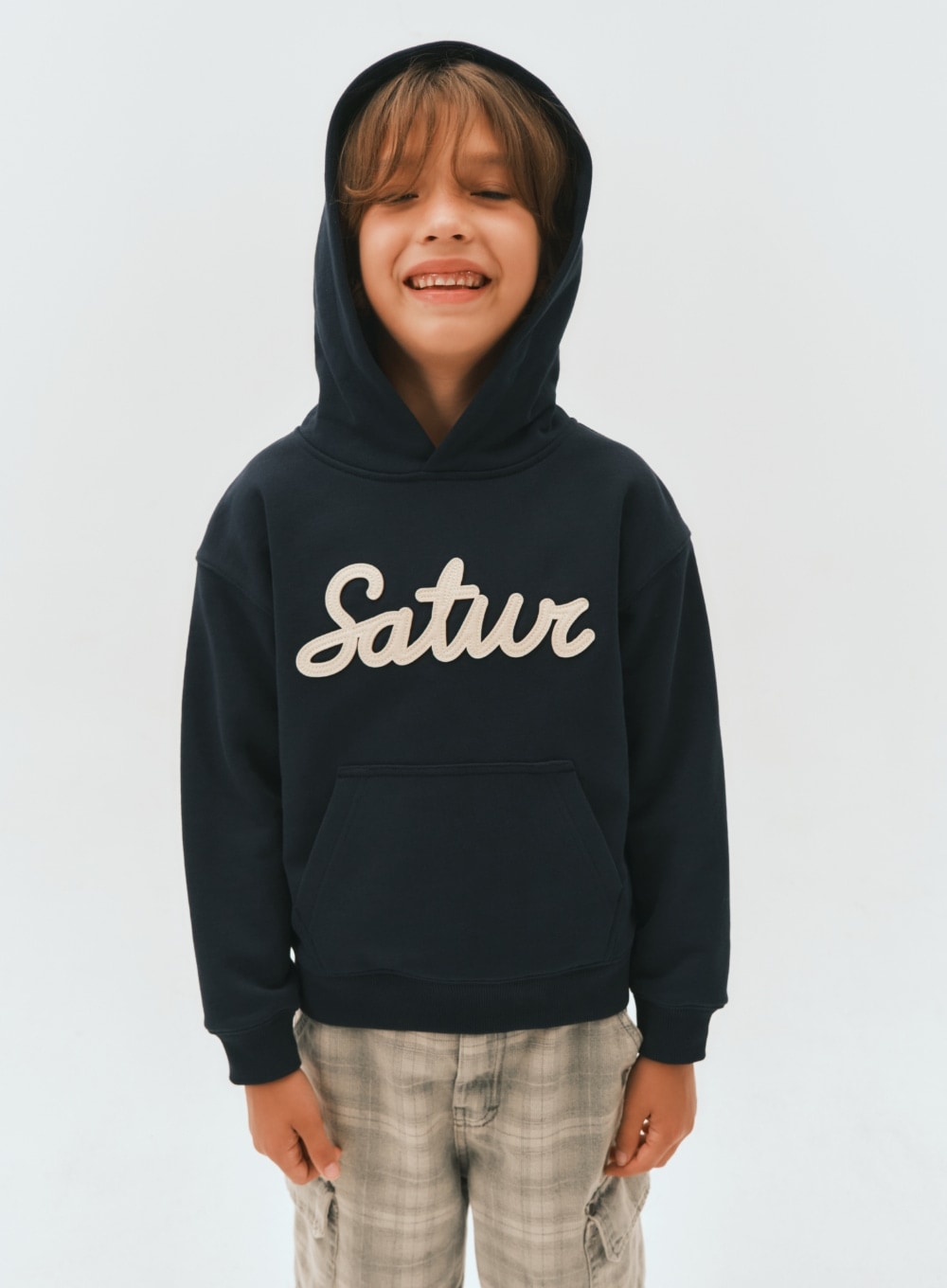 【SATUR】(K) SATUR APPLIQUE HOODIE : NAVY