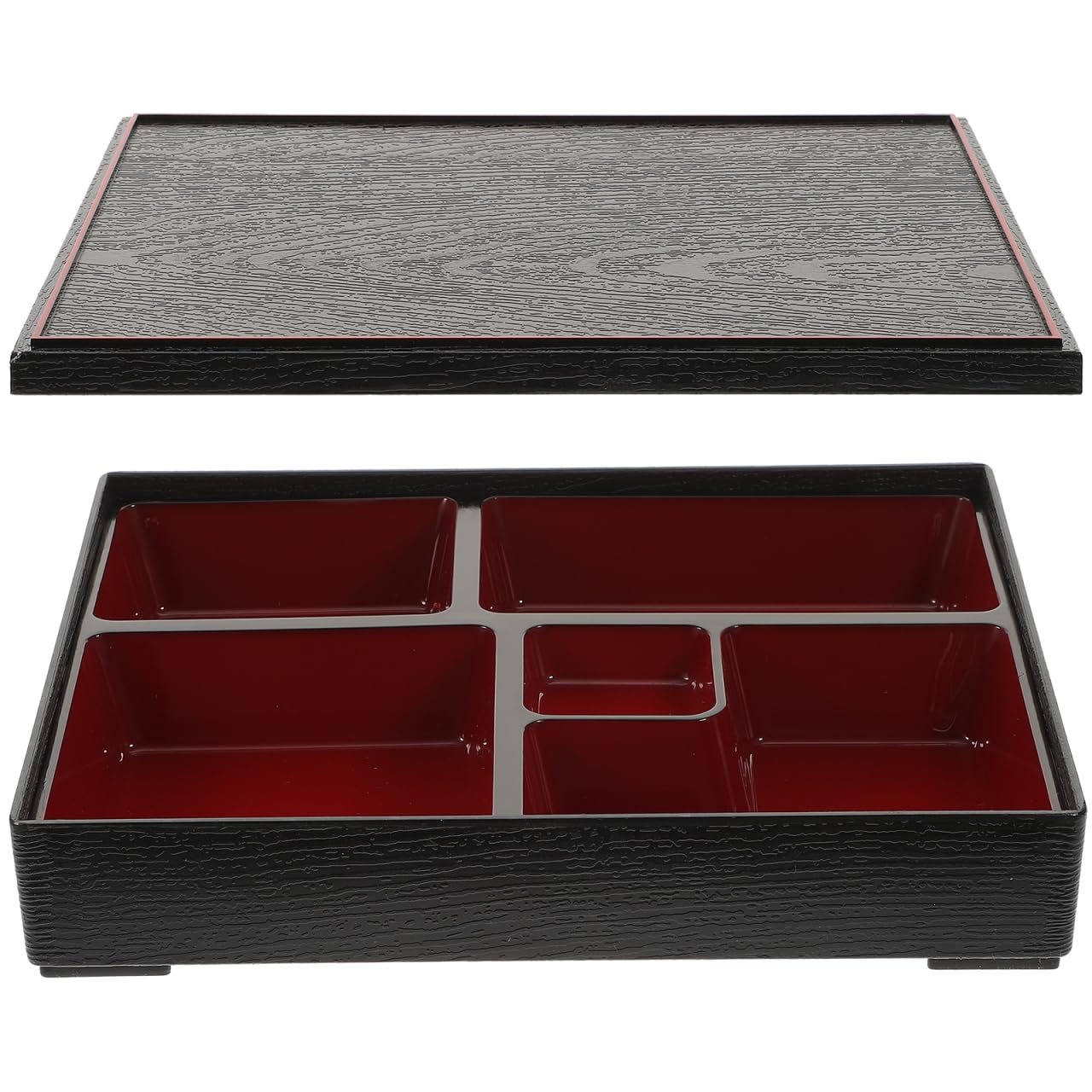 FRCOLOR 中型ランチボックス 5仕切り 食事準備容器 木目カバー ブラック 30×24×5.5Cm 学校 オフィス 旅行用 弁当箱