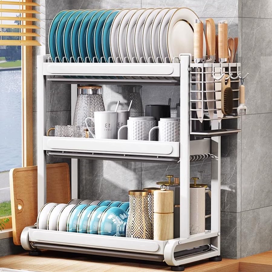 水切りラック 食器 水切り かご 大容量 キッチン ラック 多機能収納 省スペース 組立簡単 ホワイト 3段 幅43*奥行26.5x高51.5CM