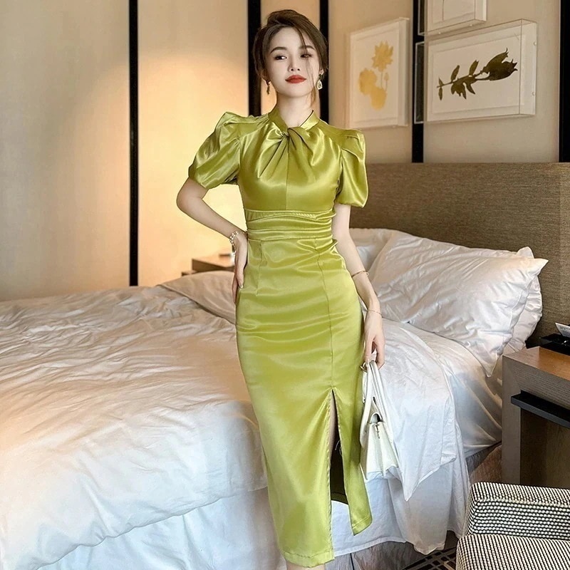【JY.上品】 夏 グリーン ロングワンピース チャイナドレス タイト パーティードレス キャバ 着痩せ 大人 同窓会 披露宴 卒業式 結婚式 演奏会 ウェディング 二次会 発表会30%までに制限