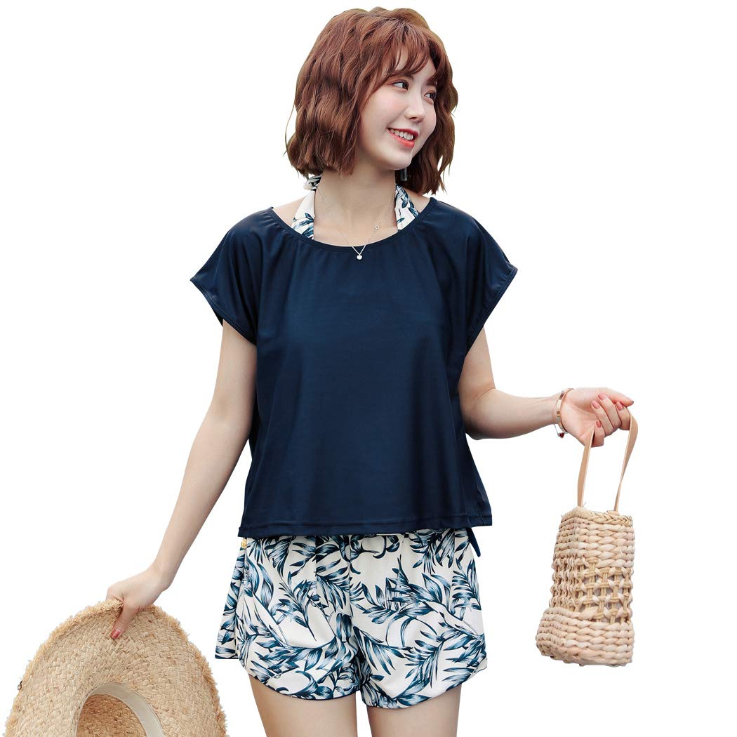 [テディショップ] 水着 レディース 体型カバー タンキニ 4点セット 大人 ビキニ タンクトップ ショートパンツ Tシャツ ラッシュガード ママ水着 hys1618 (T：ネイビー×ホワイトボタニカ