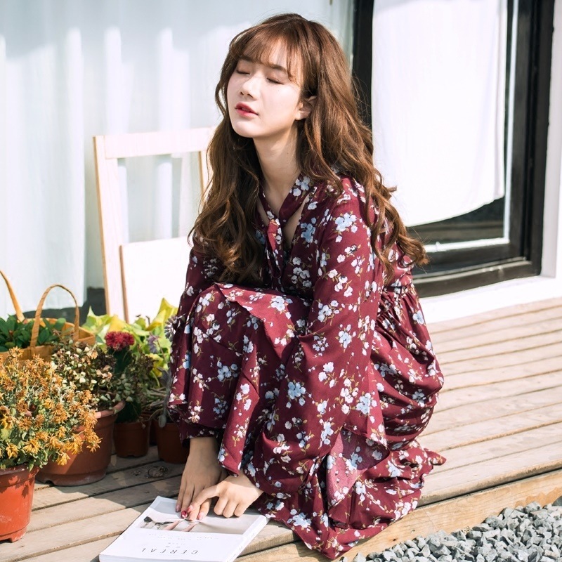 1171．ボウタイ花柄ワンピース（ワインレッド）