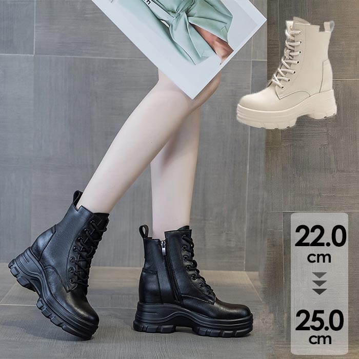 ショートブーツ レディース 厚底 レザースニーカー 編上げタイプ インヒール 厚底 ブーツ 歩きやすい 痛くない 美足 防寒 秋冬 PU 韓国 通勤 大人 22.0 22.5 23.0 23.5 24