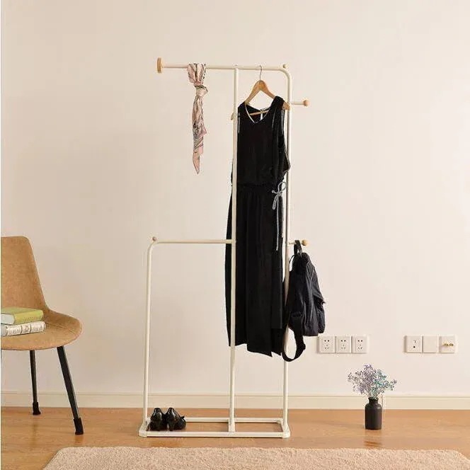ウッドフックスチールハンガーラック2段洋服掛けおしゃれ衣類収納頑丈スリム木製ワードローブ 6,215円
