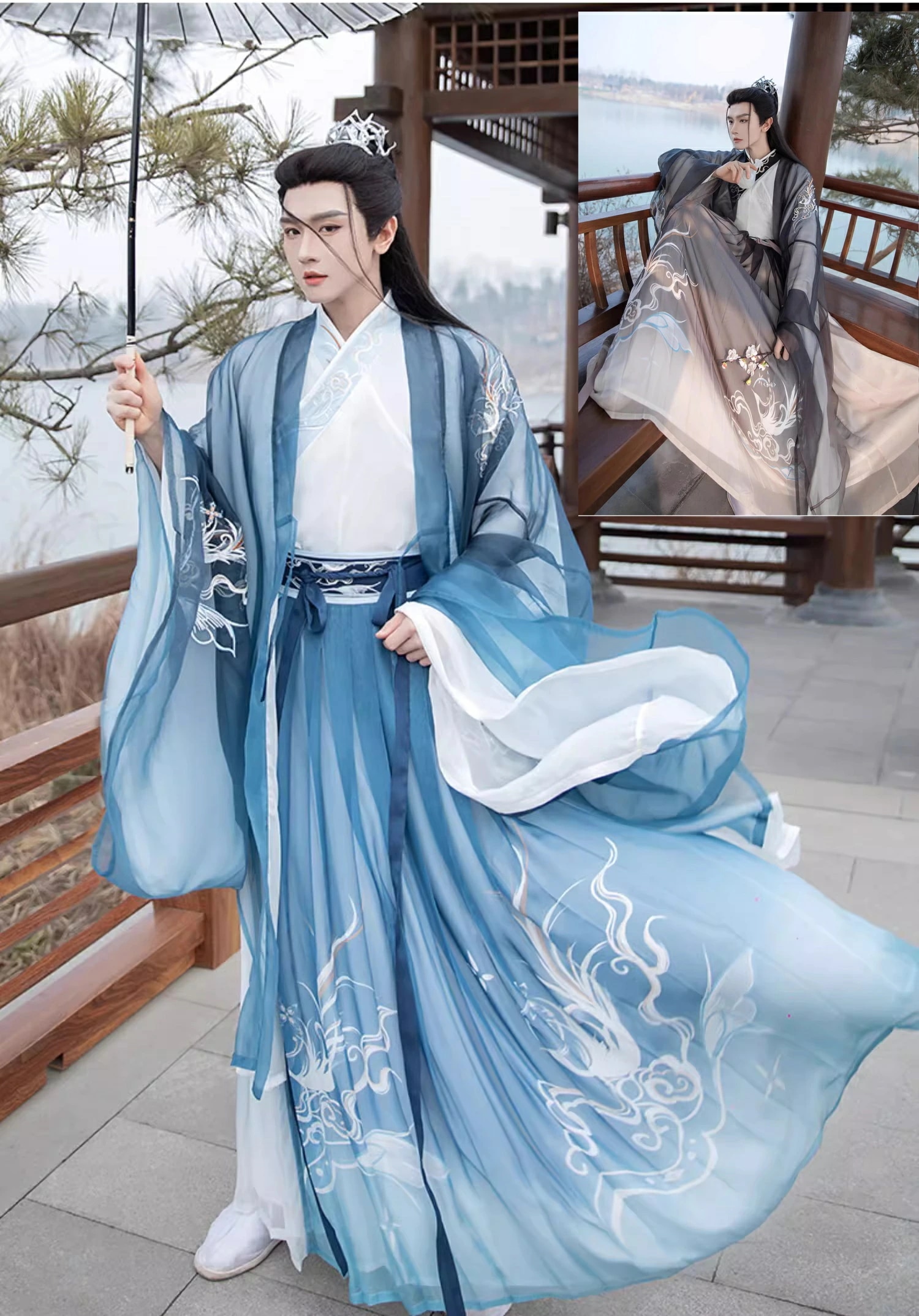 4点セット メンズ漢服 仙剣 ハロウィン衣装 青 墨 ベルト 羽織 フェニックス刺しゅう 長袖 唐 宋 交領 中国伝統衣装 団体服 唐制 長袖 華流コスチューム 舞台 ステージ衣装 中国古代時代劇 お