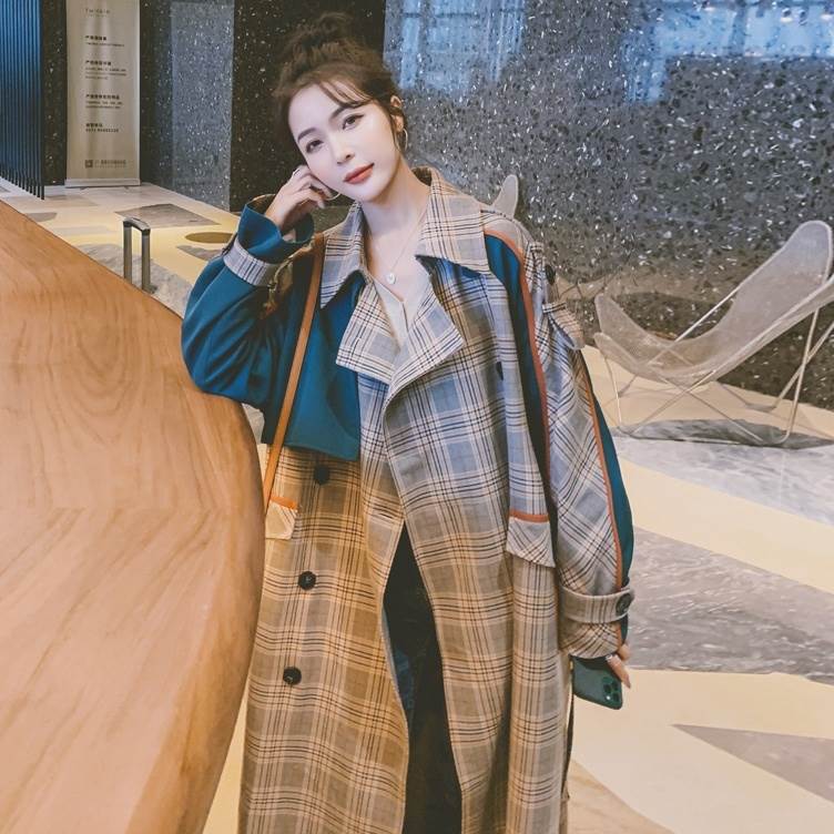 チェック柄 トレンチコート アウター ロング コート レディース 個性的 バイカラー 切り替え 長袖 かっこいい アシンメトリー 差し色 グリーン オレンジ 春 秋 おしゃれ 大人可愛い カジュアル