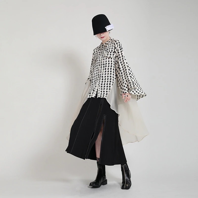 【J.Fashion】 夏 シフォン シャツワンピース ロングチュニック ドッキング 偽2セット 千鳥格子 体型カバー ワンピース 関連商品は店で購入可能30%までに制限