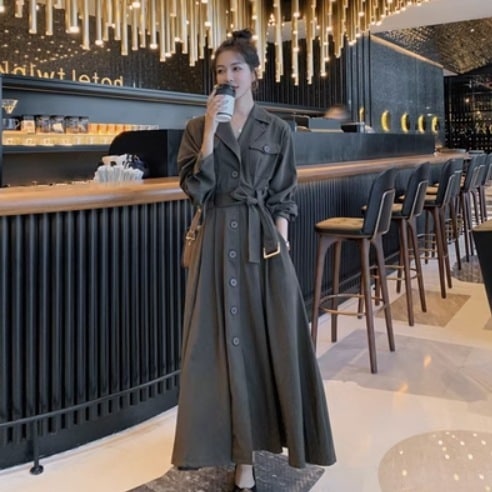 アウター モテアイテム エレガント コート マキシ マキシ丈 長袖 襟付き フレア セミフレア Aライン ベルト ウエストマーク ポケット 前開き 薄手 きれいめ シンプル カジュアル 上品 8,649円