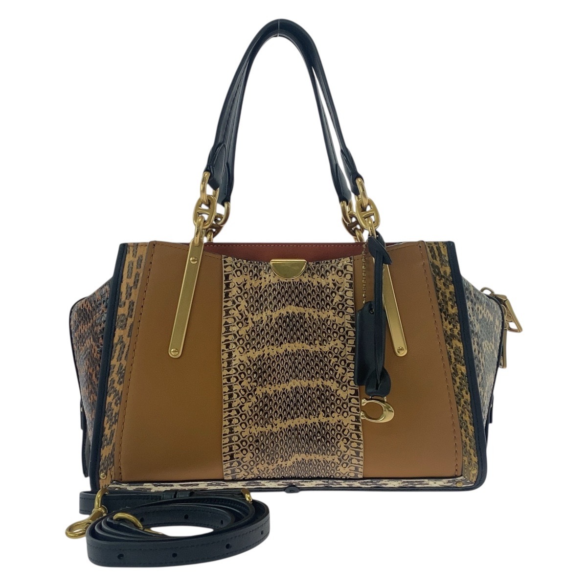 美品 ブラウン マルチカラー ゴールド金具 レザー/パイソン 37129 斜め掛け ショルダーバッグ 2WAY レディース 503571