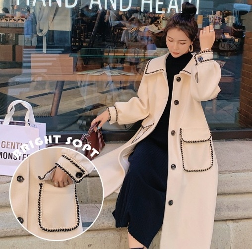 アウター コート ロングコート 袖あり 長袖 襟付き ビッグカラー デザイン ボタン トリム 美ライン ニュアンス 刺繍 ポケット 前開き カラバリ かわいい 大人可愛い きれいめ シンプル