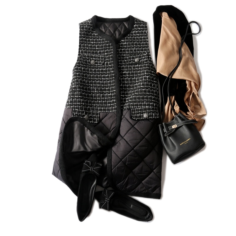 アウター ハーフコート キルティング ラウンドネック シングルバックル チェック柄 ラウンドカラー ステッチ ミドルロング丈 ノースリーブ マニキュアコート 秋 冬 ポケット 裏地 ビッグサイズ