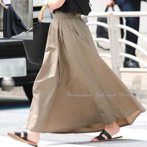 最終在庫マキシ丈コットンスカート　総丈86cm　ベージュ　ブラック　後ろはゴム　フリーサイズギャザースカート　ほっそり効果大 20代30代40代50代　ミセス