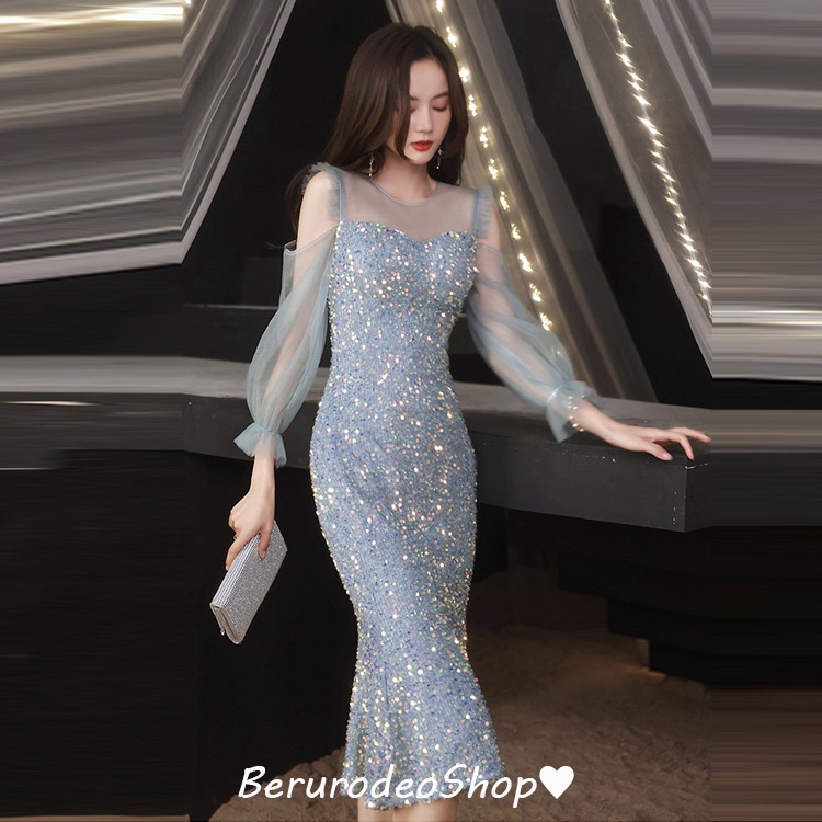 結婚式ドレス ブルー 水色 マーメイドドレス オフショルダー 肩出し スパンコール キラキラドレス 二次会ドレス お呼ばれドレス 長袖 チュール袖 ミモレ丈 イブニングドレス パーティードレス 20代