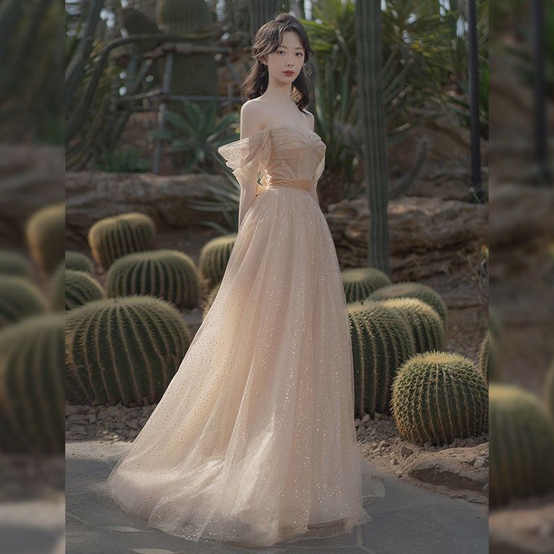 【2枚購入で 3oo円OFF！】ハイエンドバンケット気質の女性向けのドレスシャンパンカラーホストドレスバースデーアート試験