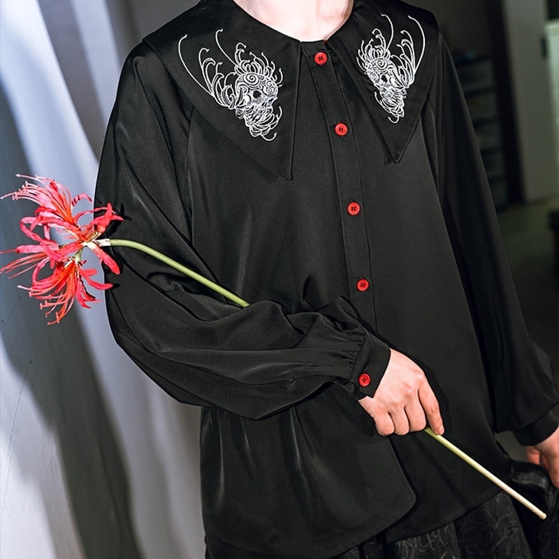シャツ ブラウス レディース ランタンスリーブ 不規則 彼岸花刺繍トップス 黒 オリジナル