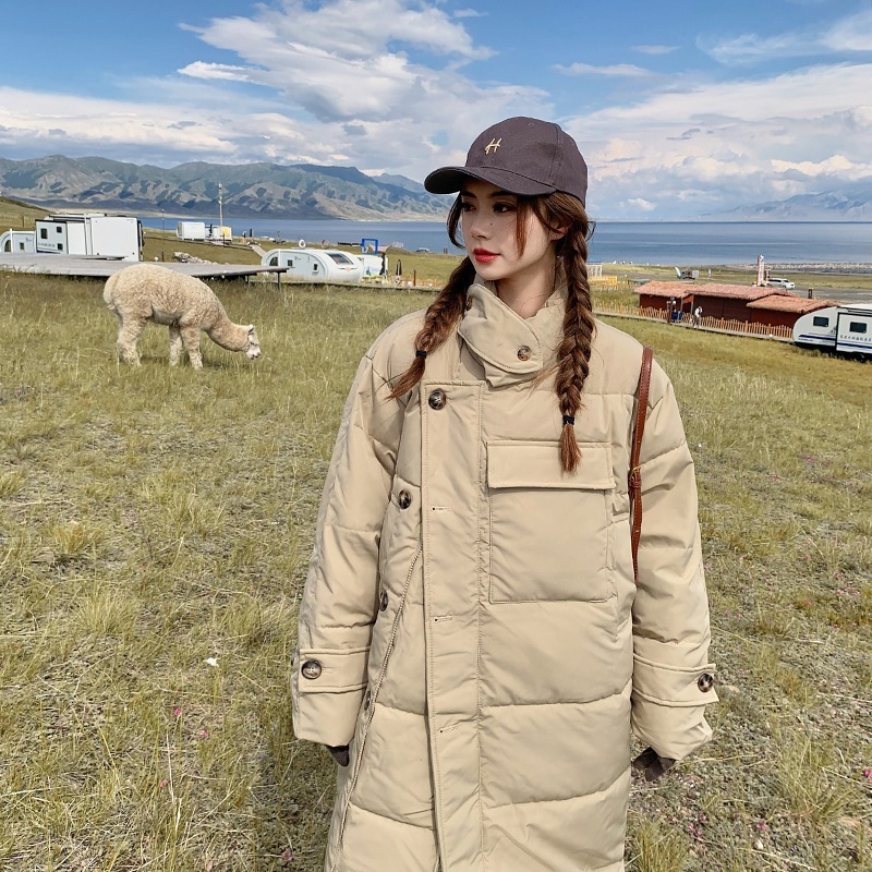 デザインニッチストリートスタイル女性用ダウンジャケット韓国風優しいミドル丈膝上ルーズ厚手ブレッドコート