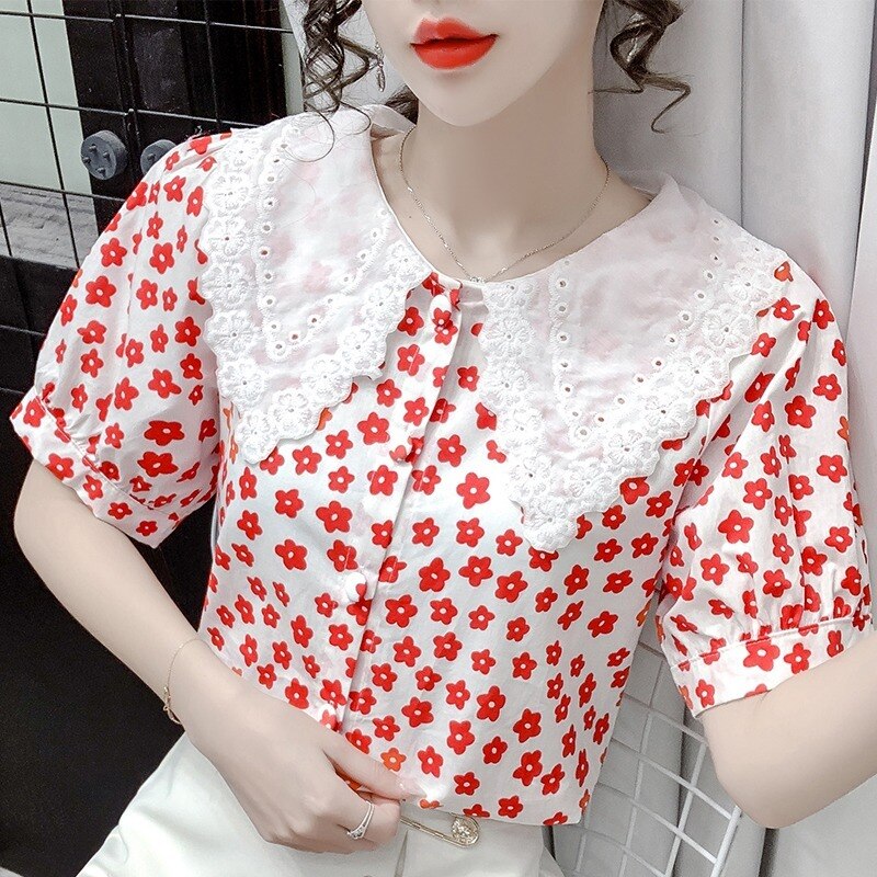 シャツ ブラウス レディース 半袖 襟付き レース かわいい 大人可愛い きれいめ シンプル レトロ ガーリー 花柄 フラワー 春 夏 学生 デート イベント レッド グリーン オルチャン トップス