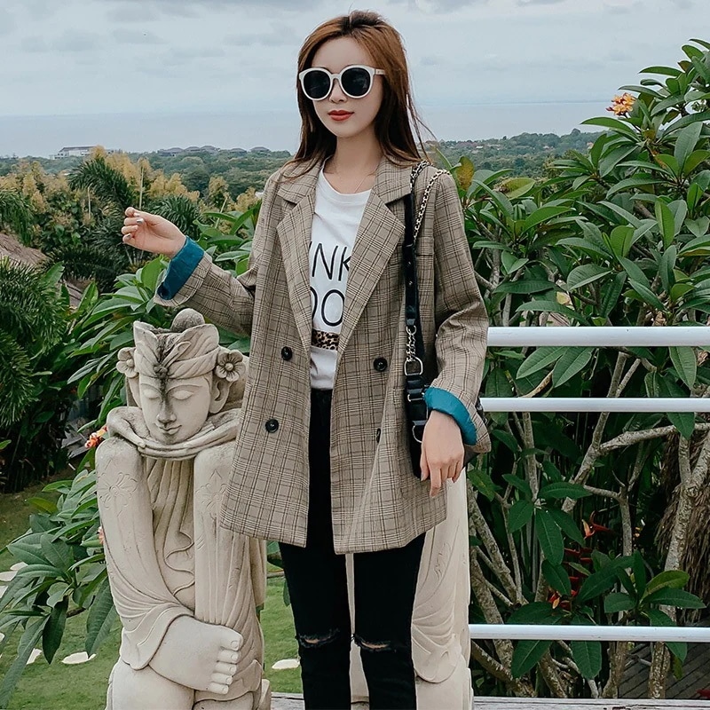 チェック柄 ジャケット アウター 上着 スーツ ミディアム丈 袖あり 長袖 Vネック 襟付き ポケット 前開き ポリエステル かわいい 大人可愛い カジュアル 大人 おしゃれ お洒落 大人女子