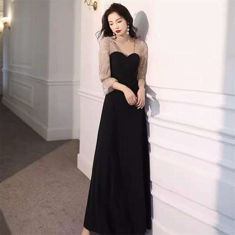 ドレス パーティドレス 二次会ドレス ロングドレス ロング 袖あり 長袖 ランタンスリープ Vネック Aライン ミドルウエスト かわいい きれいめ 無地 20代 30代 レディース パーティー