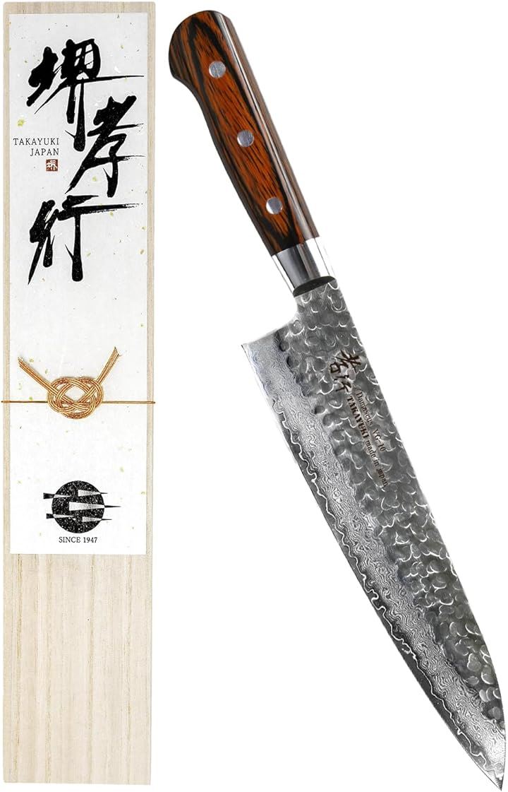 堺孝行 プロの料理人が愛用する包丁ブランド ダマスカス 牛刀 210mm V金10号 vg10 万能包丁 33層槌目 マホガニー柄( ダークブラウン, 牛刀包丁 210mm)