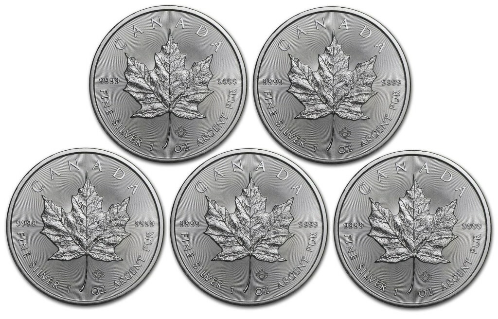 【2024年】銀貨 メイプルリーフ銀貨 1oz 5枚セット(5オンス) クリアケース入り 1オンス メイプル銀貨 カナダ王室造幣局発行 Silver Coin(55288)