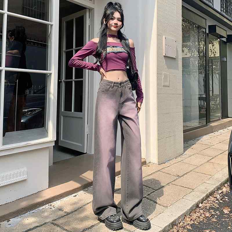 デニムパンツ レディース ボトムス タイダイ ジーンズ グラデーション アメリカン ハイウエスト ストレート ワイド 秋冬 グレー