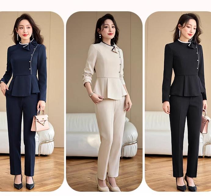 レディース パンツスーツ セットアップ エレガント アイボリー 黒 紺 上着 パンツ 九分丈 ２点セット スリムフィット ウエストフリル シェイプ オフィススタッフ 制服 ビジネス フロント フォーマ