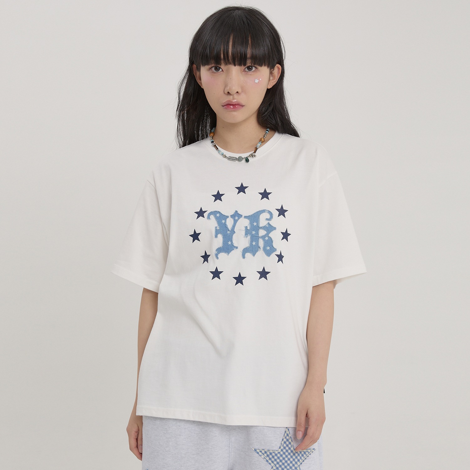 YK Star Applique Half Sleeve T-shirt WHITE