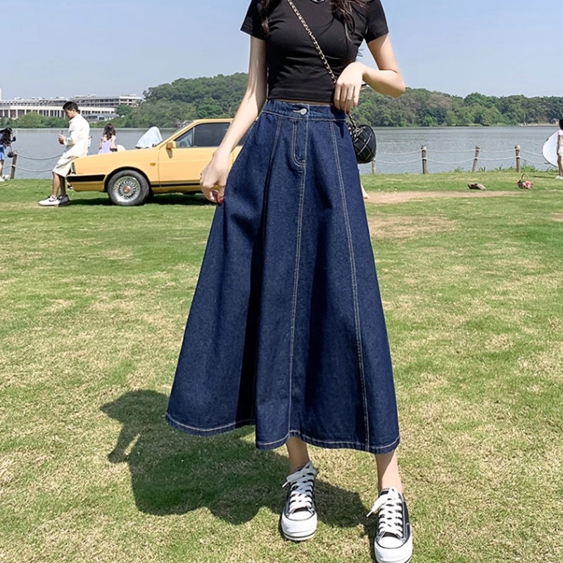 レディース スカート ボトムス ミディアム デニムスカート 膝下 ミモレ セミフレア Aライン ボタン ヴィンテージ アメカジ ウォッシュ かわいい 大人可愛い シンプル カジュアル おしゃれ