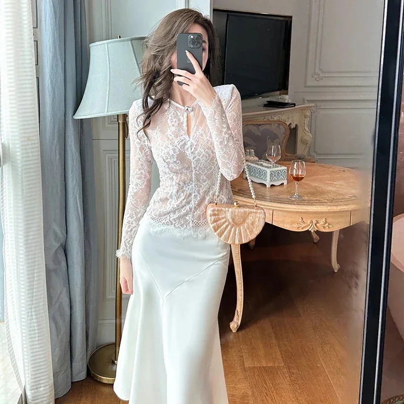 JY.上品 上下セット マーメイドスカート レースブラウス セットアップ ドレス パーティー キャバ 着痩せ 大人 お呼ばれ 同窓会 披露宴 卒業式 結婚式 ウェディング 二次会 成人式