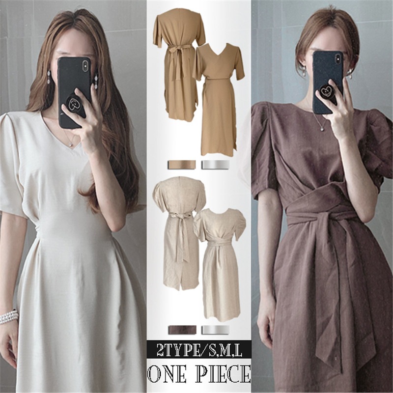 安いし可愛い夏 ワンピース 2type レディース ワンピース 体型カバー ウエストリボン 半袖 カジュアル 無地 通勤