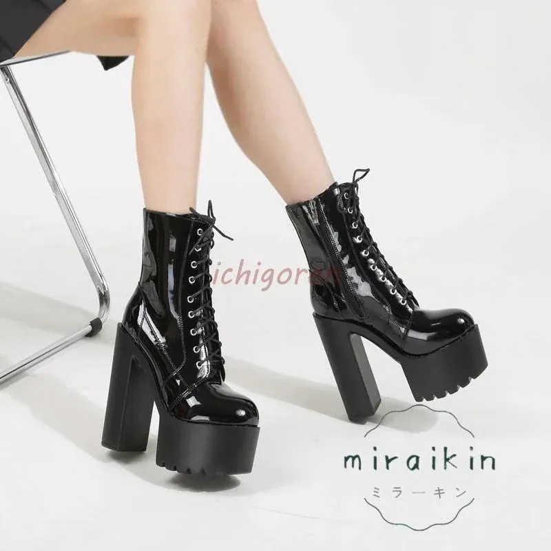 ブーツ レディース ミドルブーツ 履きやすい 痛くない 14cmヒール 22.5-26.5cm 太めヒール 厚底 黒 白 歩きやすい 通勤用 仕事 編み上げ 高見え エナメル