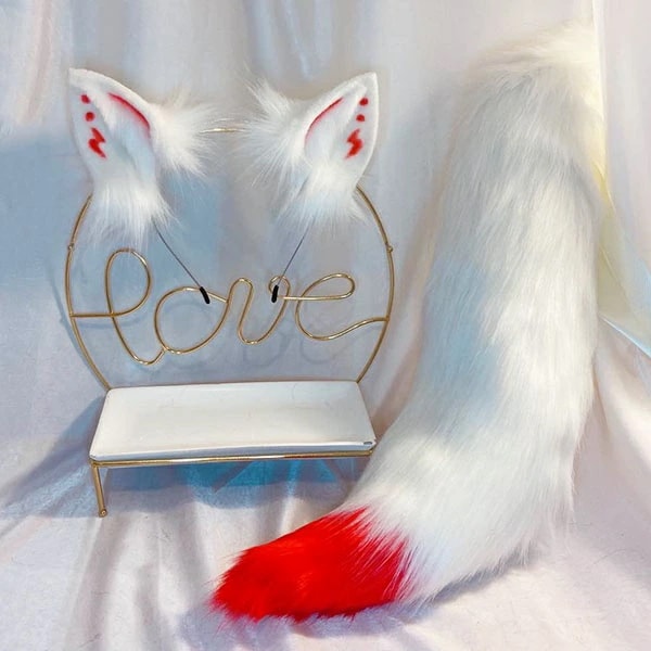 コスプレ道具 狐 狼 猫 耳 猫耳 ケモノ耳 ケモ耳 尻尾 リボン 赤白 バイカラー レッド 模様あり 妖怪 ふさふさ モコモコ 文化祭 学園祭 パーティー アニマル 動物 白 妖狐 COS コスプレ