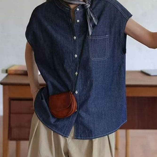日系ヴィンテージ ブルー スリーブレス デニムシャツ 女性用 25 ニューデザイン センス満載の小さな飛び袖 フレンチスタイルのアッパー