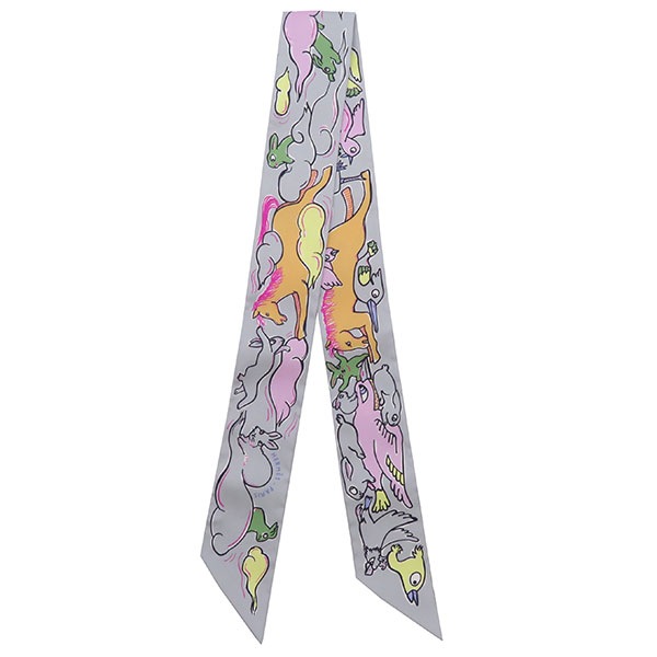 エルメス HERMES スカーフ ツイリー シルク グリスペール×ローズ×ジョーヌ 【MILLE ET UN LAPINS/千と一のウサギ】 【箱】【中古】