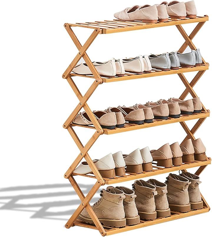 シューズラック 玄関 シューズ収納ラック 完成品 天然竹製 多機能 伸縮式 靴棚 大容量 靴おき棚 下駄箱 玄関収納 安定性高い 多用途 折りたたみ 省スペース(LOG, 5層)