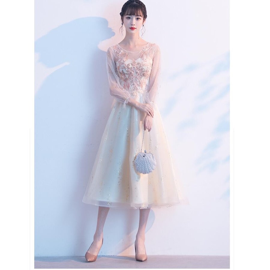 ウエディングドレス セクシー 結婚式ワンピース パーティードレス 袖あり 上品 大人 ブライズメイド