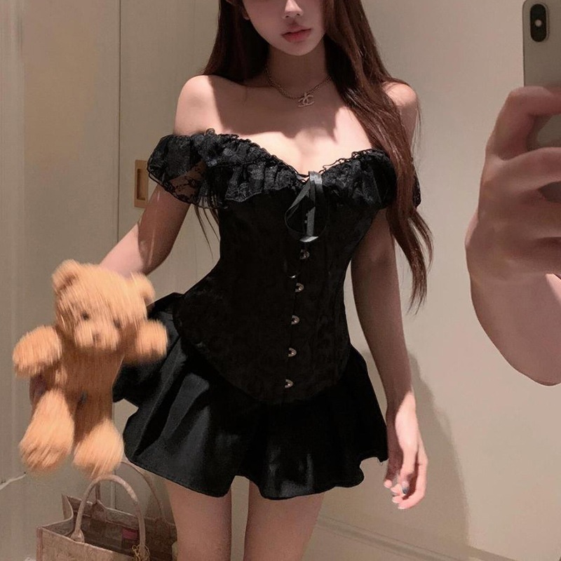 レースのトリムが施されたハイウエストのスリムなトップスとスカートが特徴のトレンディでセクシーな女性用ツーピースセット