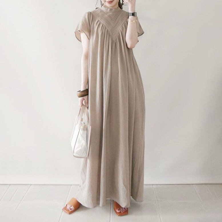 シフォンマキシワンピース レディース ギャザーワンピース ロングワンピース ドレス ハイネック スタンドカラー 半袖 フレンチスリーブ フレア アイボリー ワンピドレス 大人可愛い きれいめ 大人