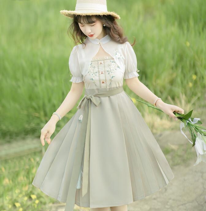 漢風ドレス 改良 漢服 中華風 ロリータドレス キャミソール ドレス 羽織 ショート丈 刺繍柄 漢元素 コスプレ衣裳 撮影衣裳 2点セット 学園祭 文化祭 イベント おしゃれ